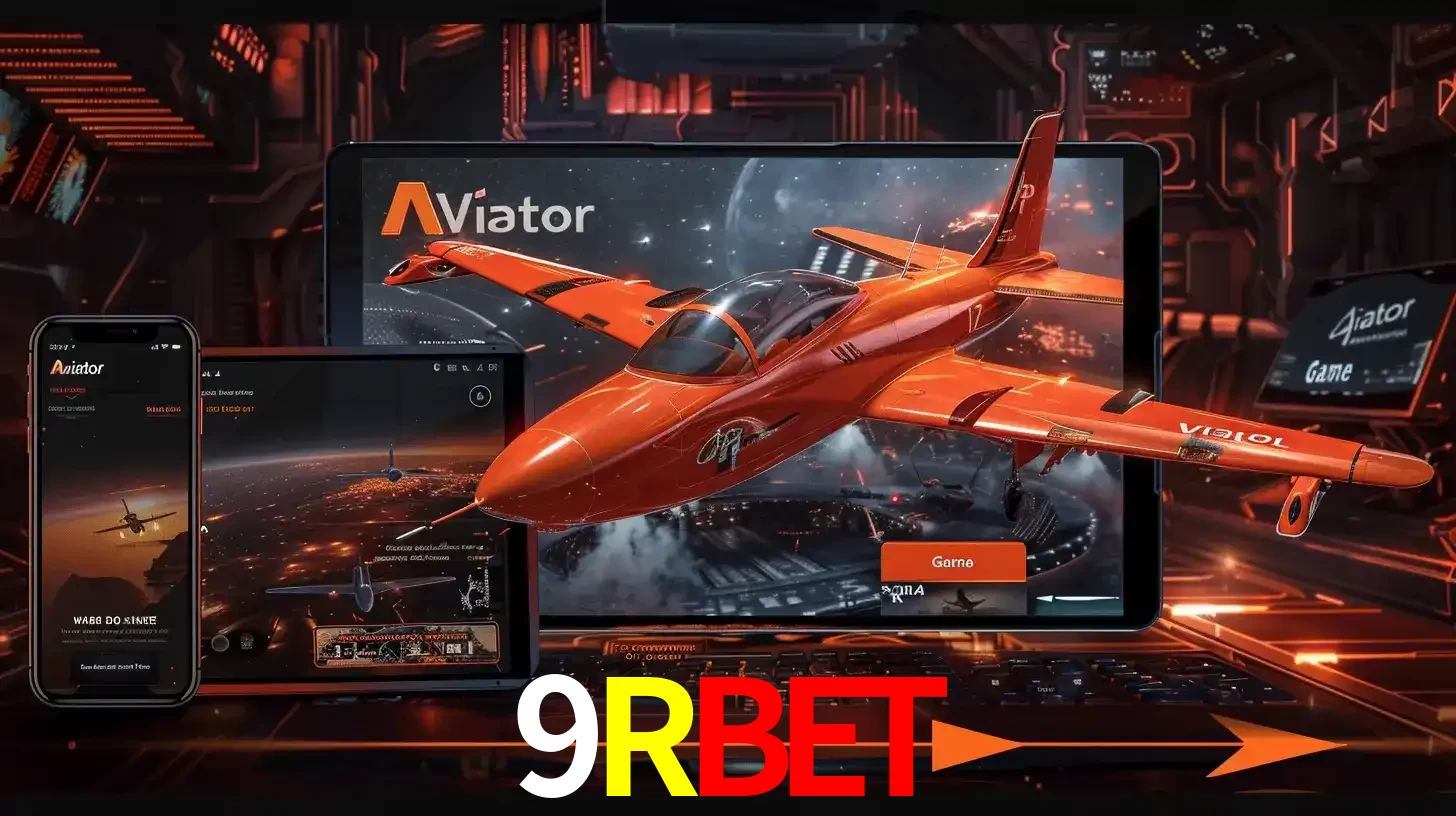 Apresentação tecnológica do jogo Aviator com um avião saindo da tela de um tablet, demonstrando a experiência imersiva em múltiplos dispositivos no 9RBET.