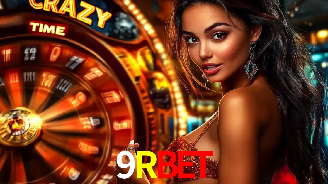 Mulher ao lado da roda de prêmios do jogo de cassino ao vivo Crazy Time, um dos shows de jogos mais emocionantes oferecidos pela plataforma de apostas 9RBET.