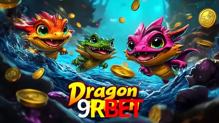 Arte promocional do jogo Dragon Hatch com três adoráveis dragões bebês nadando entre moedas de ouro, um dos slots mais divertidos para jogar no cassino 9RBET.