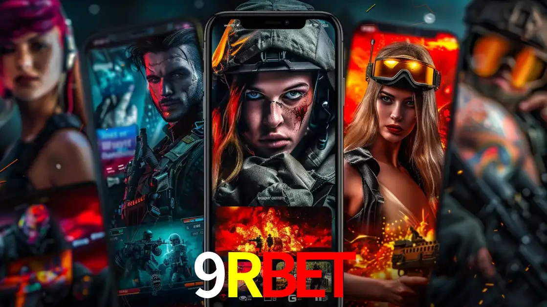 Montagem de telas de celular mostrando diversos personagens, masculinos e femininos, de um jogo de tiro, ilustrando a diversidade de equipes de e-sports para apostar no 9RBET.