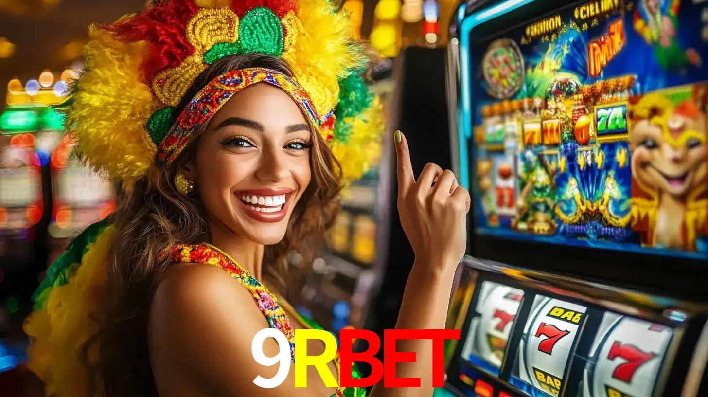 Mulher animada com um cocar de carnaval apontando para uma máquina de caça-níqueis, mostrando a emoção de ganhar um grande prêmio nos jogos do 9RBET.