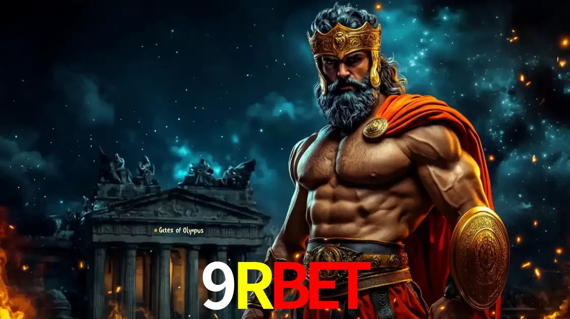 O poderoso Zeus do jogo de slot Gates of Olympus em frente ao seu templo, pronto para lançar multiplicadores divinos e prêmios épicos no cassino online 9RBET.