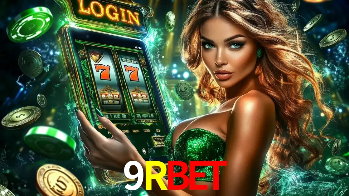 Mulher com tema verde apresentando o aplicativo do cassino 9RBET com um jogo de slot de 777, cercada por fichas de cassino e uma aura de sorte.