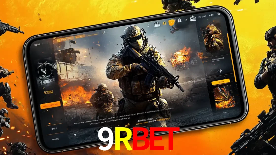Um smartphone exibindo a interface de um jogo de tiro em primeira pessoa, com um soldado em um cenário de batalha, representando a ação dos e-sports para apostar no 9RBET.