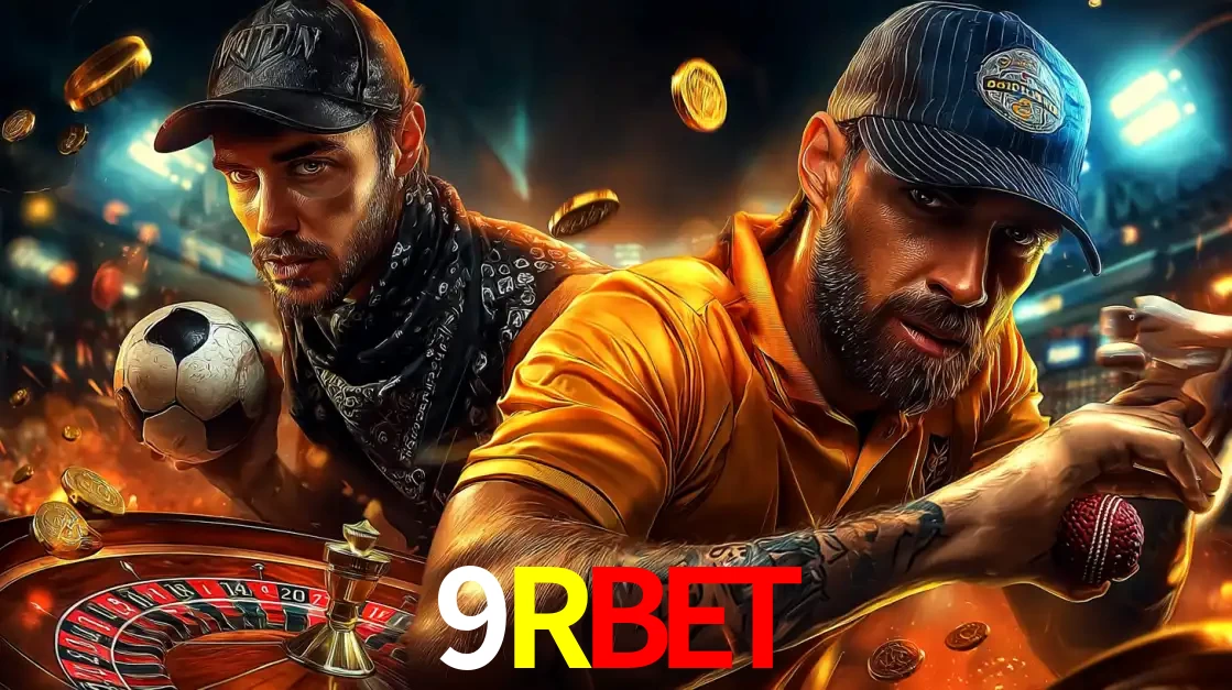 Montagem de apostas esportivas e cassino no 9RBET, com um homem segurando uma bola de futebol e outro uma de beisebol sobre uma roleta e moedas voadoras.