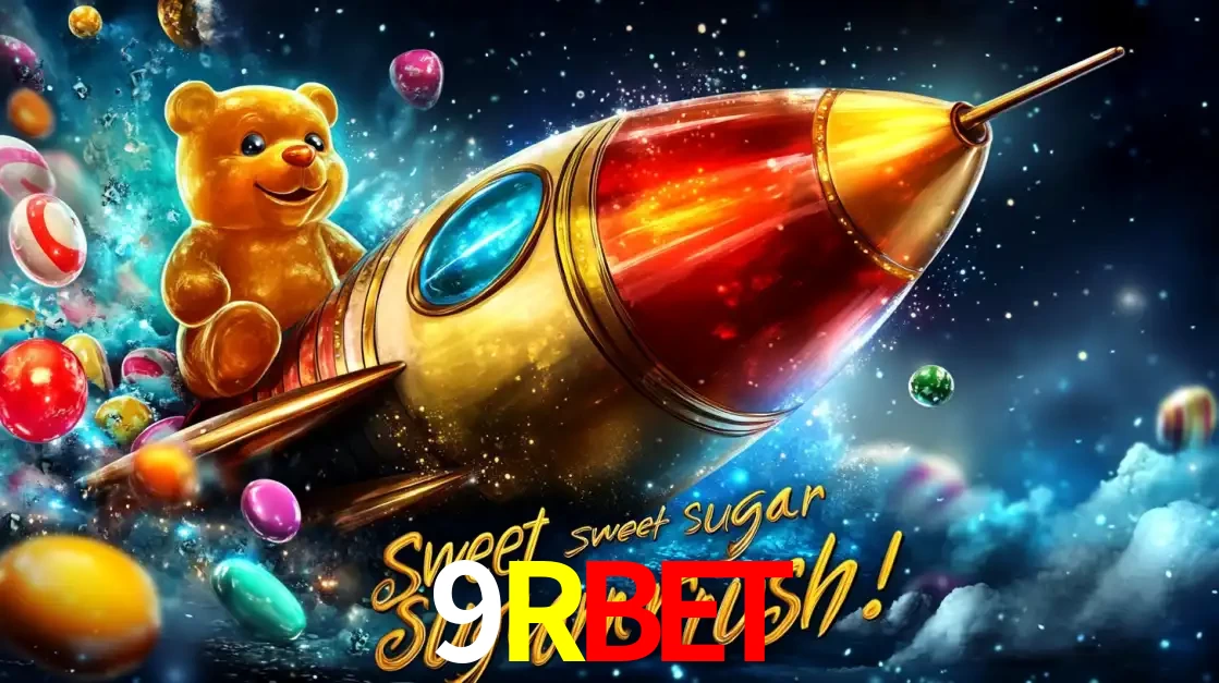 Arte promocional do jogo de slot Sugar Rush, com um urso de pelúcia em um foguete viajando pelo espaço de doces, um dos jogos divertidos disponíveis no cassino 9RBET.