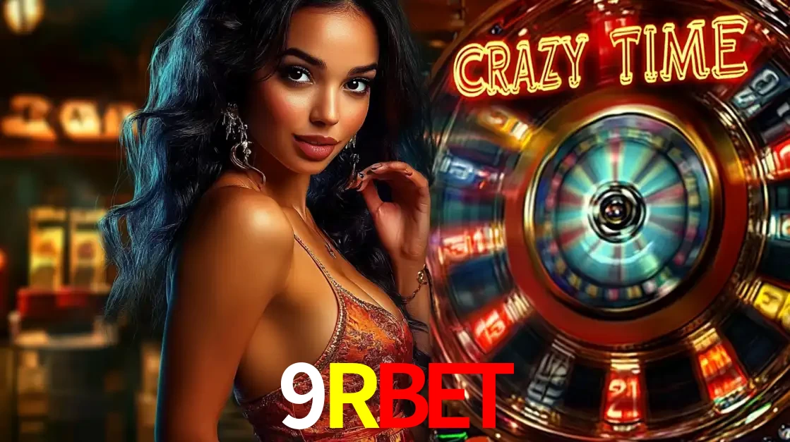 Mulher elegante ao lado da vibrante roda da fortuna do jogo de cassino ao vivo Crazy Time, um dos game shows mais populares e cheios de prêmios do 9RBET.
