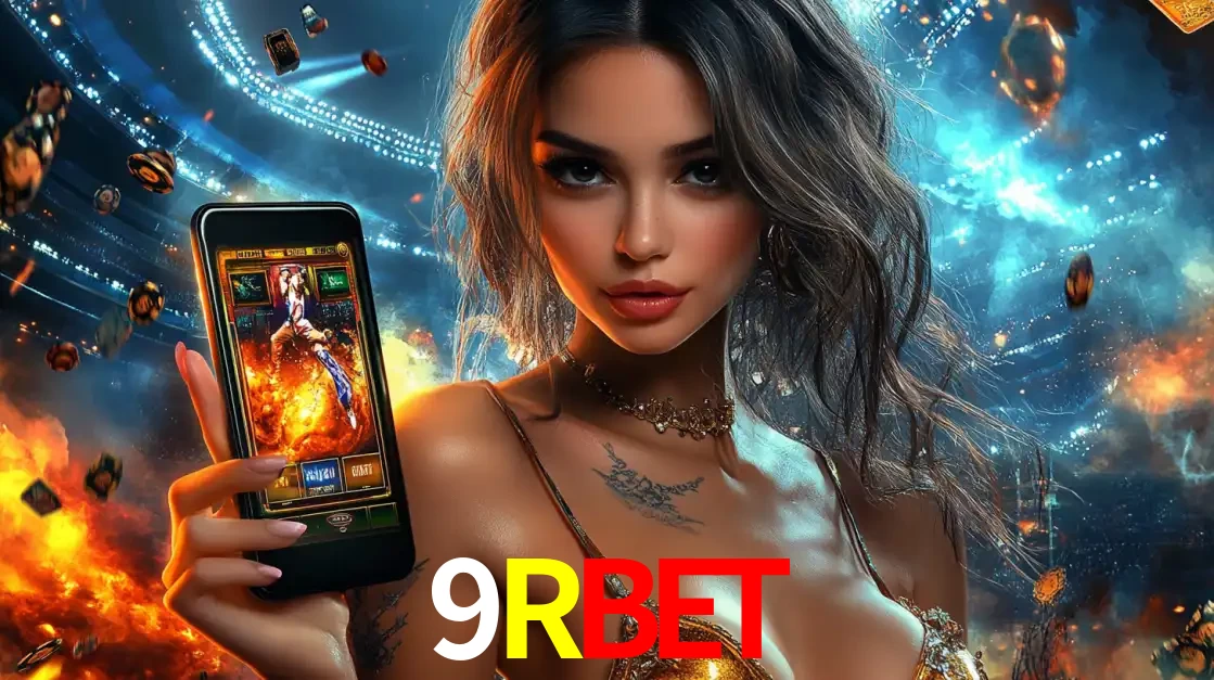 Mulher segurando um celular com um jogo de slot em destaque, tendo como fundo um estádio vibrante, simbolizando a emoção de jogar no cassino móvel 9RBET.