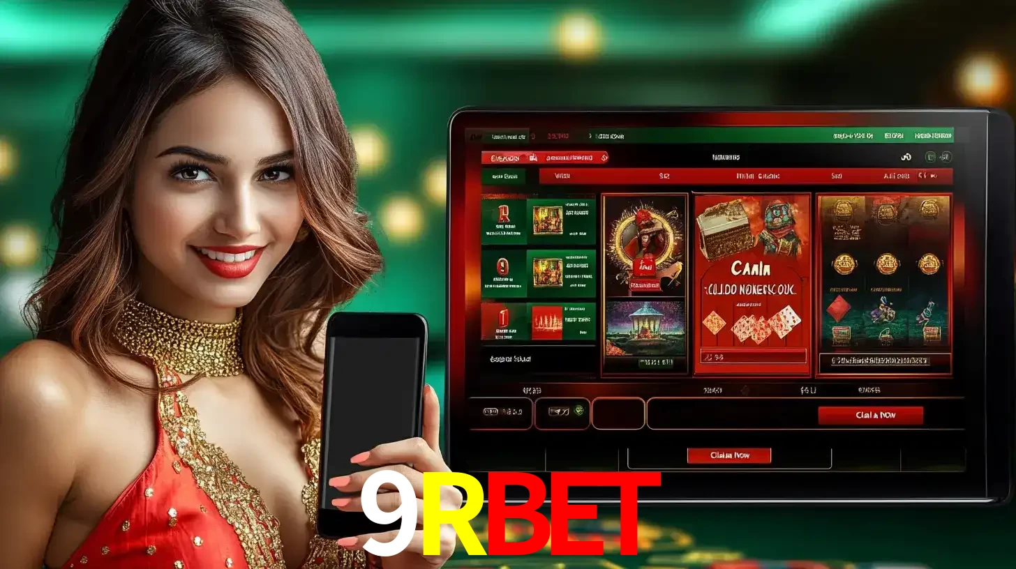 Mulher sorridente segurando um smartphone, ao lado de uma tela exibindo o lobby de jogos do cassino online 9RBET, com várias opções de jogos de cartas e slots.